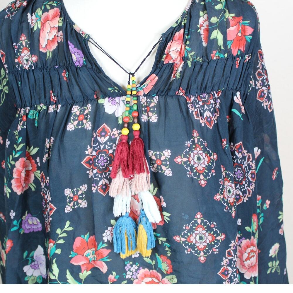 Johnny Was Harley Peasant Blouse Womens Large Blue Floral Tassel Boho Festival - Picture 3 of 6